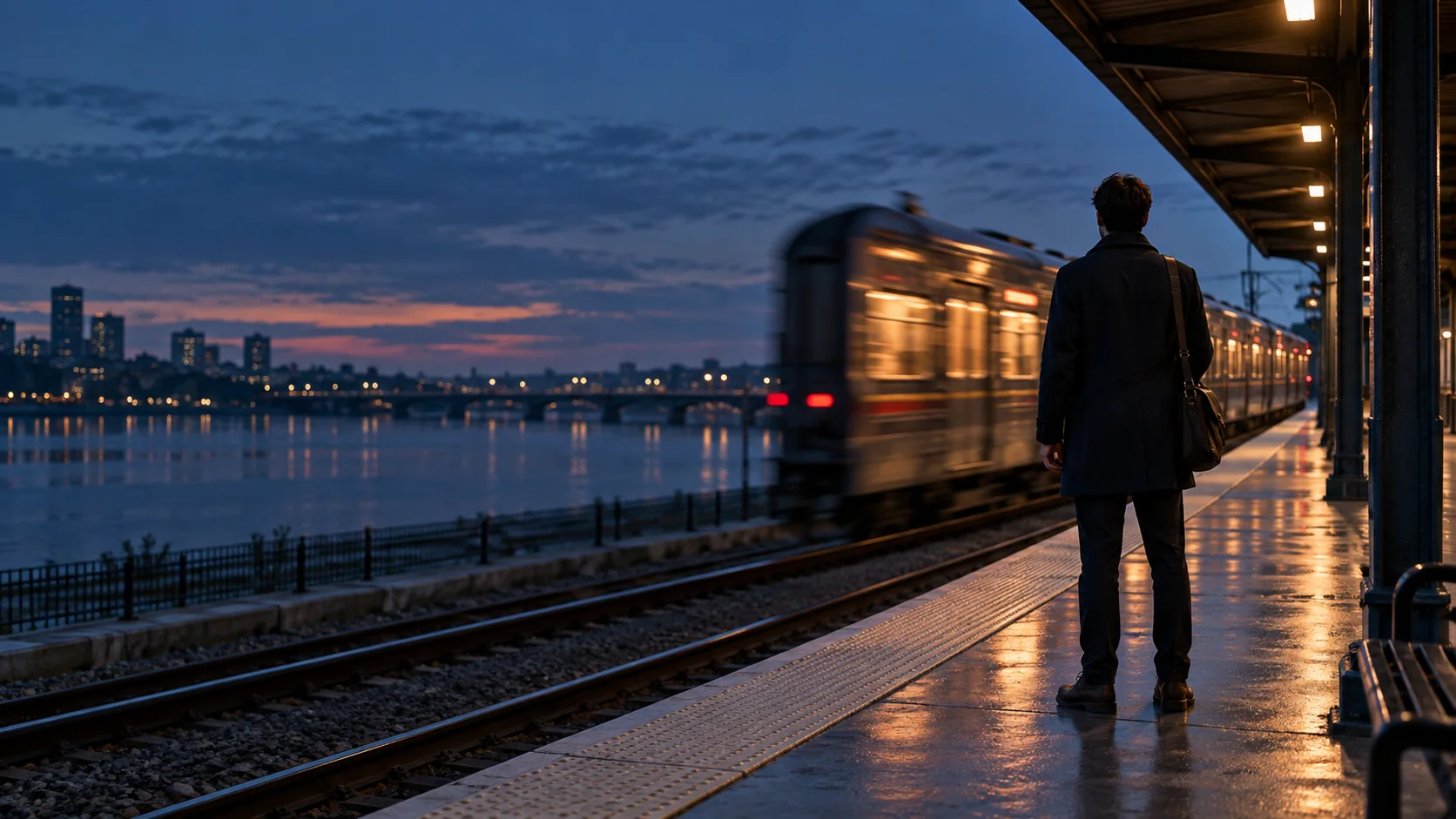 Illustrative train leaving a quiet platform