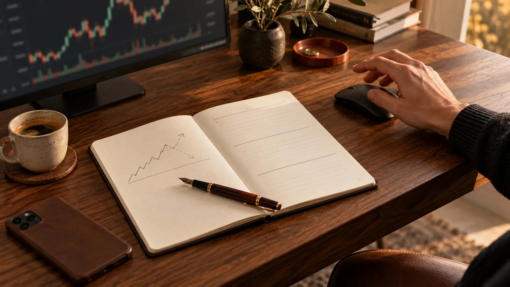 Illustration of a notebook and a hand moving away from a mouse